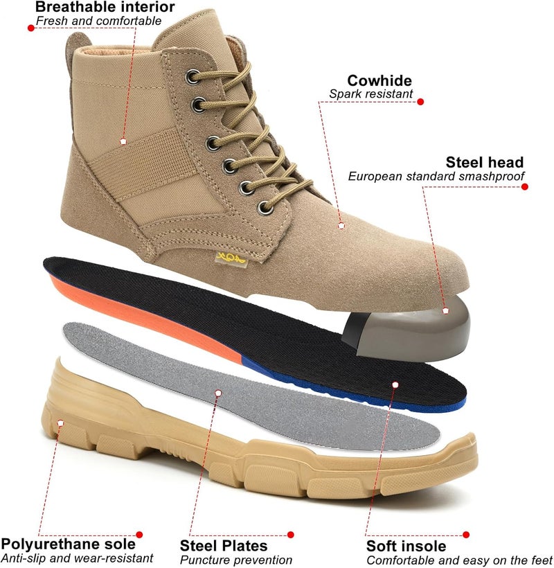 MOFEELE Store Steel Toe Boots for Men or Women, Slip Resistant Work Boots Steel Toe Shoes Indestructible Tactical Mid Top Safety Shoes for Warehouse Industry Construction - Khaki - Image 2